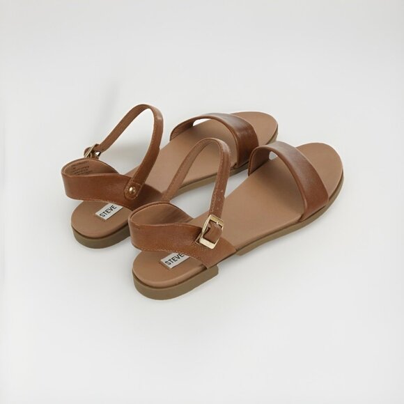 STEVE MADDEN WOMEN'S Size 7.5 Dina TAN LEATHER Flat SANDALS Buckle Ankle Strap - Picture 4 of 5